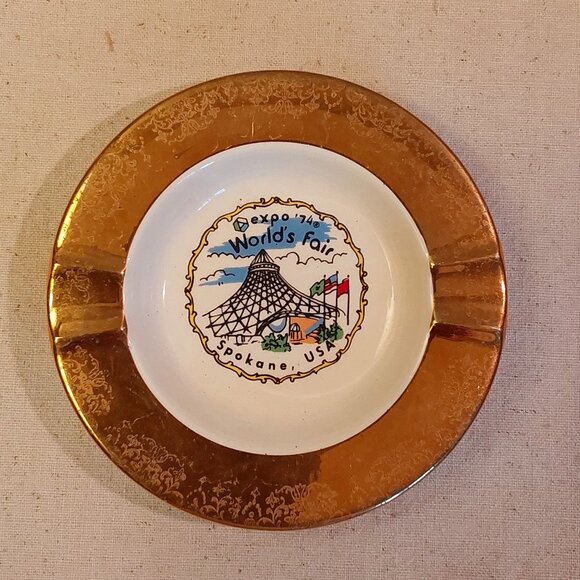 Vintage 74 World's Fair Spokane WA gold rim porcelain ashtray - Picture 1 of 2